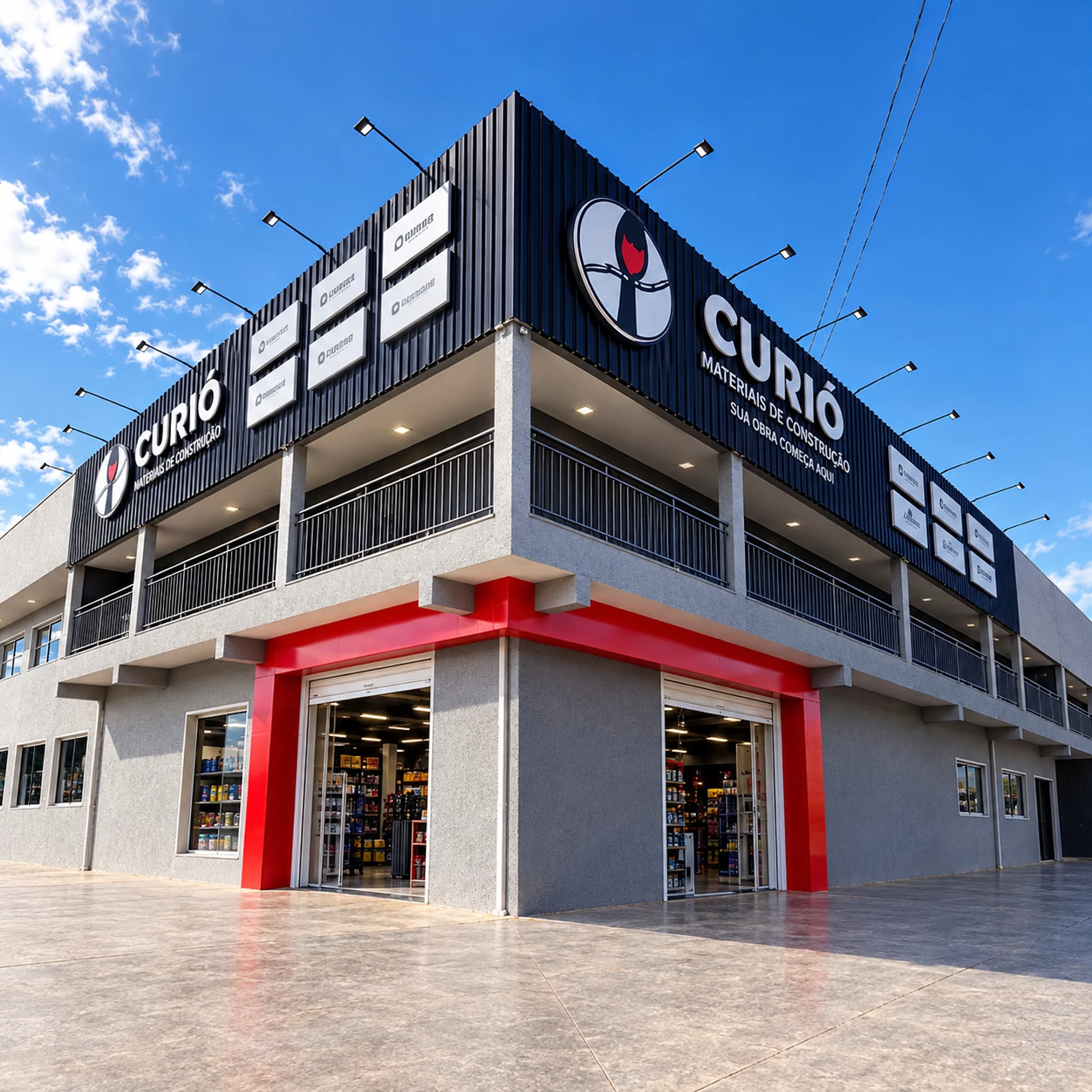 Fachada da loja Curió Materiais de Construção, com o letreiro da marca e as entradas destacadas em vermelho